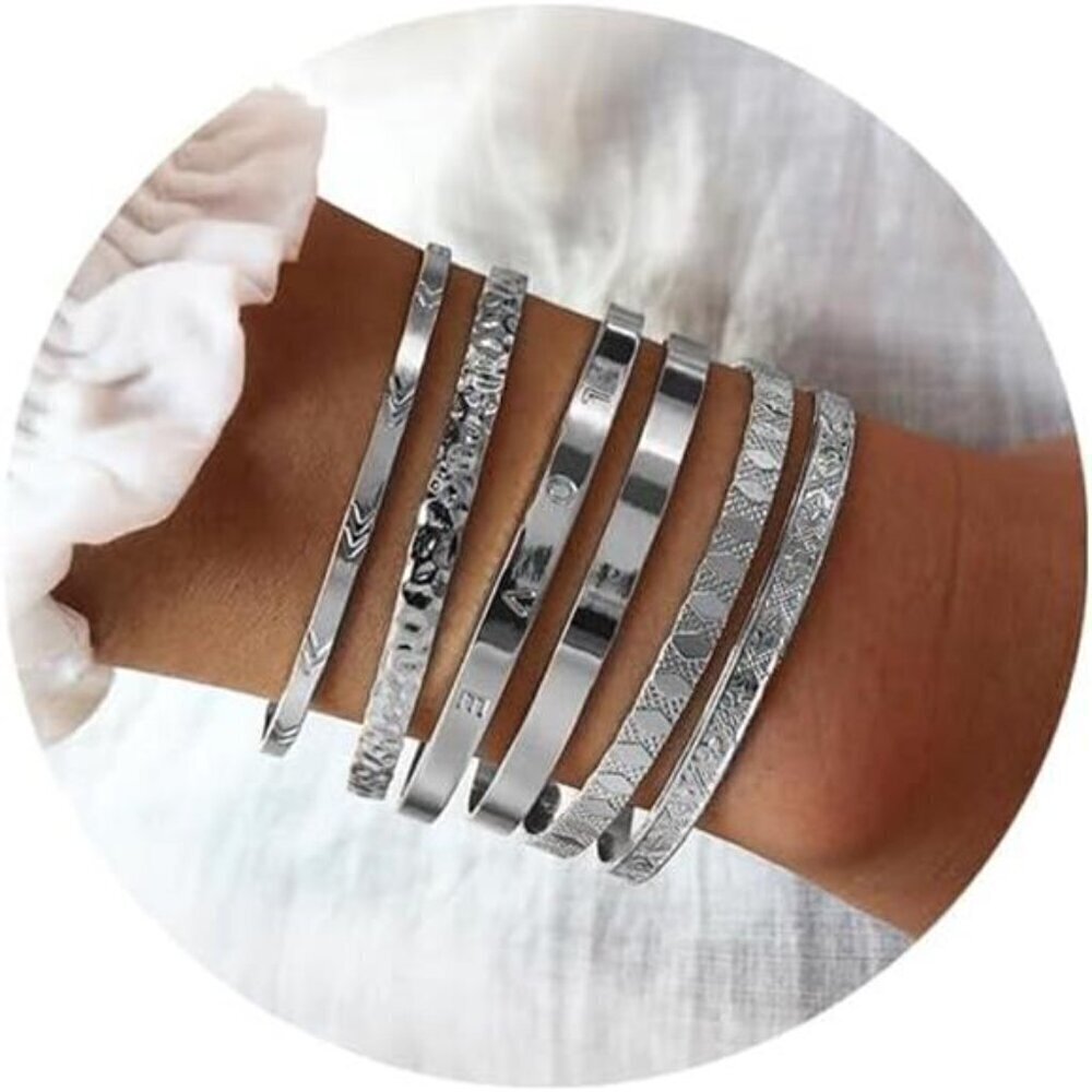 6 Silver Bangle Bracelets for Women, Multi Layer Stackable Cuff Bracelet Set,